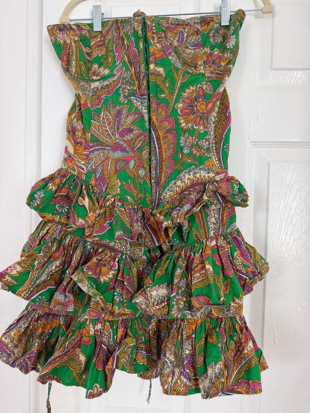 Green Paisley Ruffle Mini Dress with Strapless Bodice